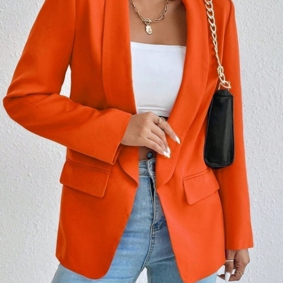 Orange Preppy Womens Solid Shawl Collar Blazer - Picture 2 of 5